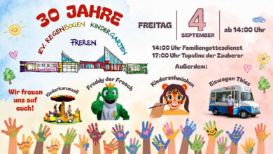 Plakat zum 30-jährigen Jubiläum des Evangelischen Regenbogen-Kindergartens in Freren