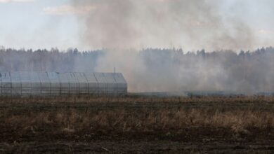 Geschwärzte landwirtschaftliche Fläche mit Rauch über dem Boden