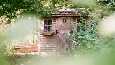Braunes Gartenhaus aus Holz mit geschlossener Tür