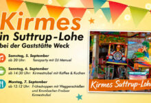 Plakat zur Kirmes in Suttrup-Lohe vom 5. bis 7. September mit Karussellmotiv