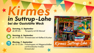 Plakat zur Kirmes in Suttrup-Lohe vom 5. bis 7. September mit Karussellmotiv