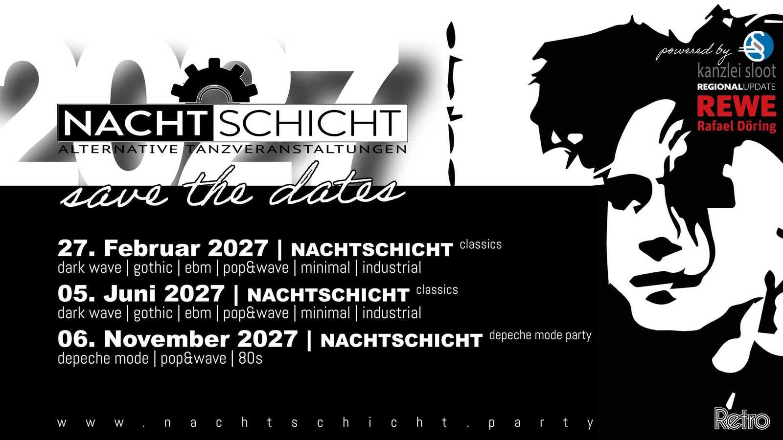 Ankündigungsgrafik der Nachtschicht mit den drei Terminen für 2027 im Retro Nordhorn