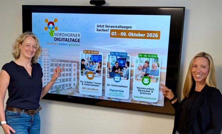 Zwei Mitarbeiterinnen der Wirtschaftsförderung der Stadt Nordhorn werben für die Nordhorner Digitaltage 2026