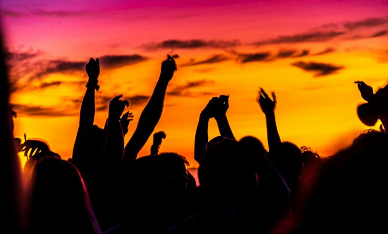 Publikum mit erhobenen Händen als Silhouetten vor Abendhimmel bei einem Open-Air-Konzert – Symbolbild