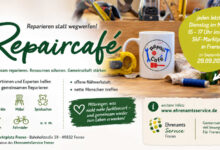Plakat zum Repaircafé in Freren mit Werkzeug und Tasse auf einer Werkbank