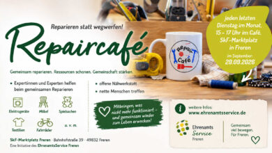 Plakat zum Repaircafé in Freren mit Werkzeug und Tasse auf einer Werkbank