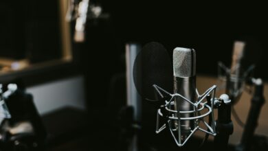 Ein Kondensatormikrofon steht in einem Aufnahmestudio
