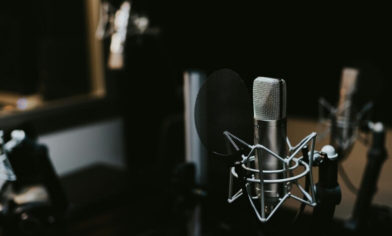 Ein Kondensatormikrofon steht in einem Aufnahmestudio