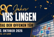 Jubiläumsgrafik der VHS Lingen zum Tag der offenen Tür am 2. Oktober 2026 von 14 bis 21 Uhr