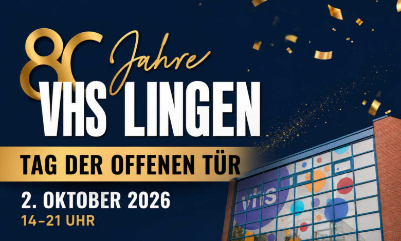 Jubiläumsgrafik der VHS Lingen zum Tag der offenen Tür am 2. Oktober 2026 von 14 bis 21 Uhr