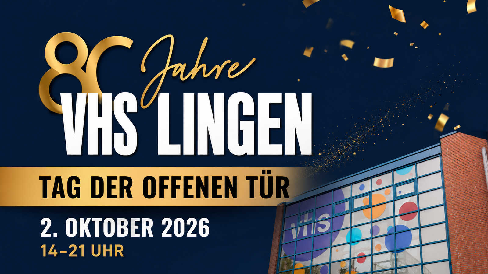 Jubiläumsgrafik der VHS Lingen zum Tag der offenen Tür am 2. Oktober 2026 von 14 bis 21 Uhr