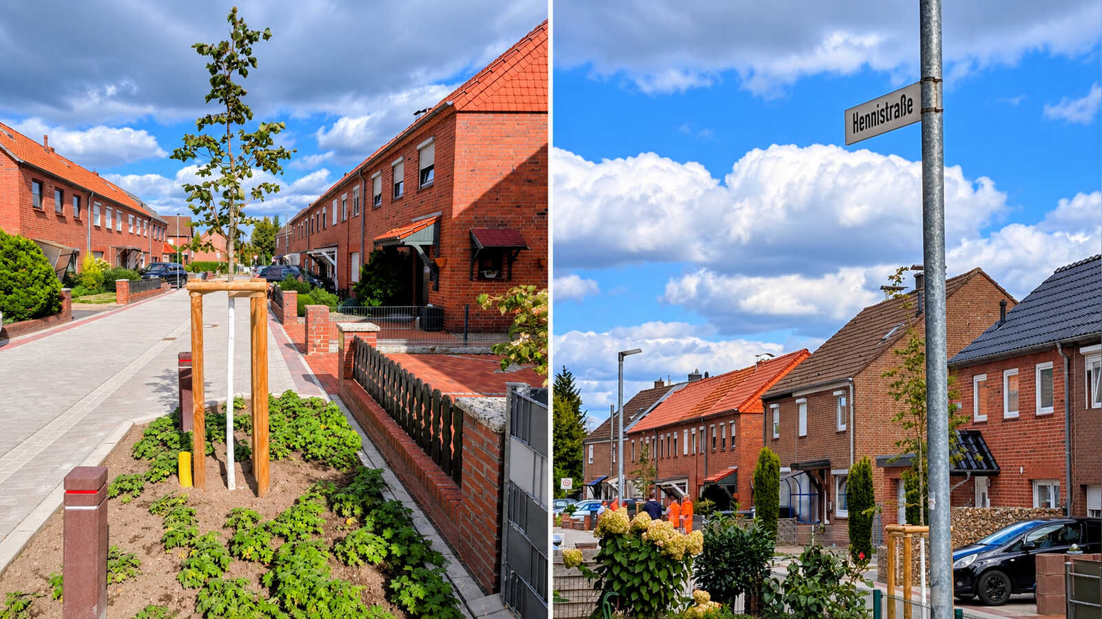 Collage der erneuerten Lorestraße und Hennistraße in Nordhorn-Blanke mit wasserdurchlässigem Pflaster und neuen Grünbeeten