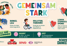 Plakat zum Mitmach-Event Gemeinsam Stark auf Schloss Dankern mit Dunkel-LKW, Stammzellspende und Rollstuhl-Parcours