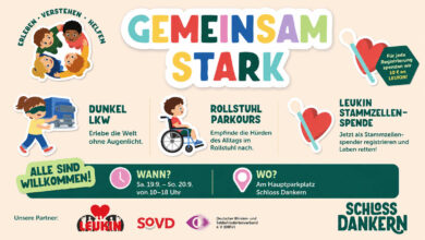 Plakat zum Mitmach-Event Gemeinsam Stark auf Schloss Dankern mit Dunkel-LKW, Stammzellspende und Rollstuhl-Parcours