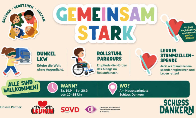 Plakat zum Mitmach-Event Gemeinsam Stark auf Schloss Dankern mit Dunkel-LKW, Stammzellspende und Rollstuhl-Parcours