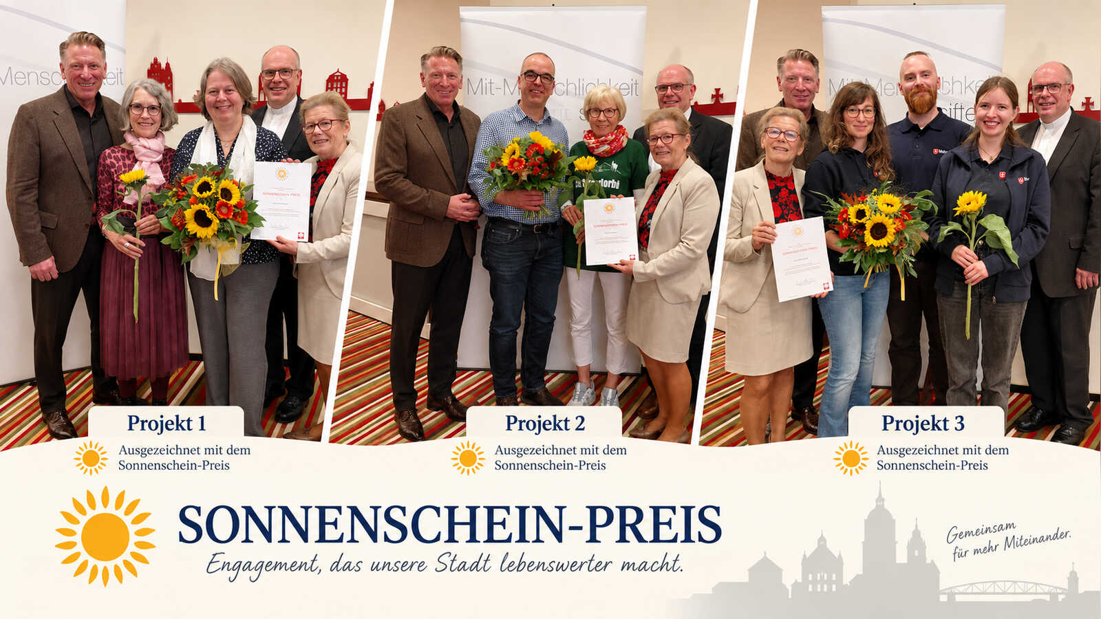 Preisträgerinnen und Preisträger des Sonnenschein-Preises 2026 mit Ehrenamtlichen und Vertretern der Caritas-Gemeinschaftsstiftung Osnabrück bei der Preisverleihung in Meppen