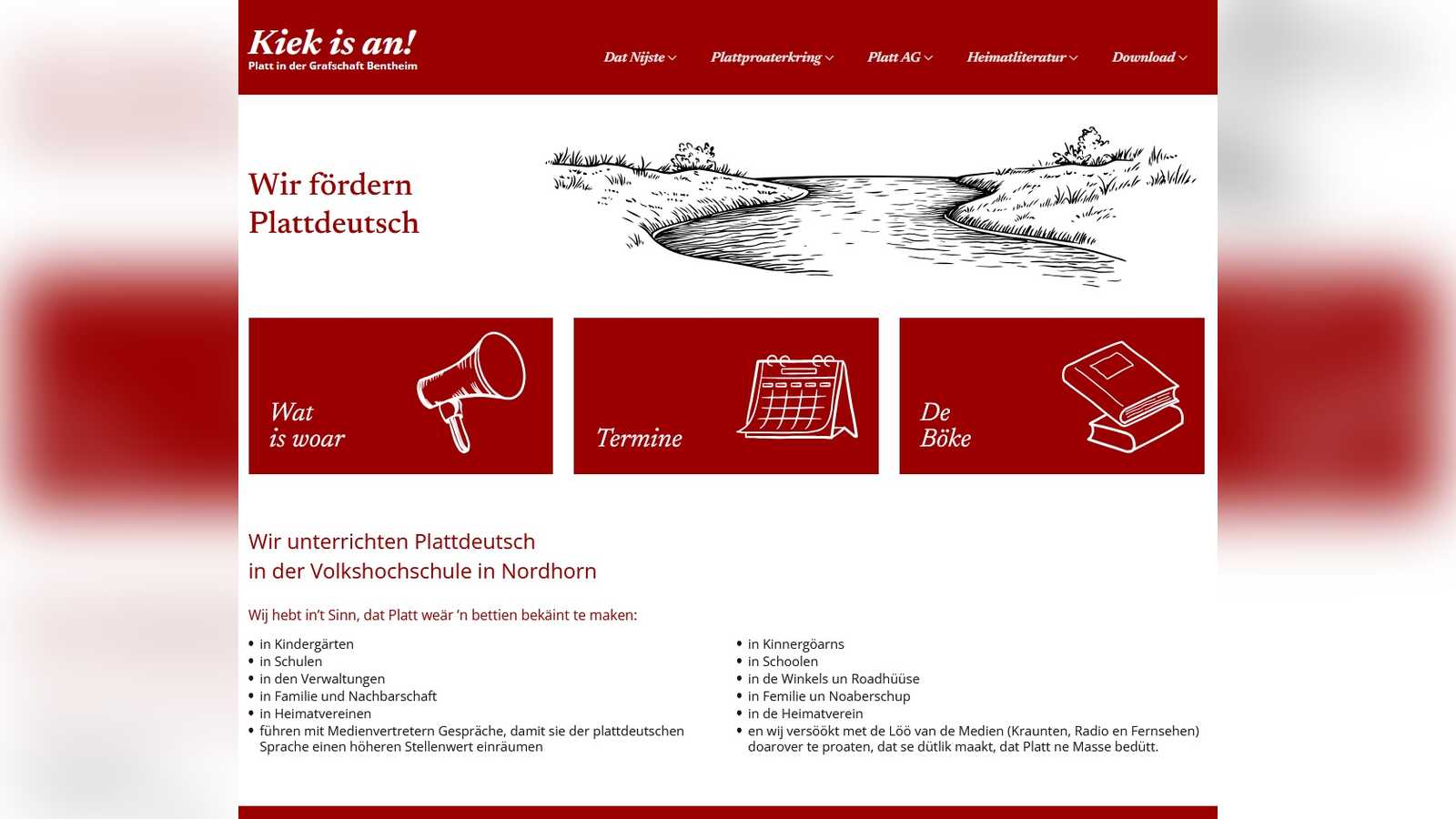 Screenshot der Startseite des neuen Internetauftritts „Kiek is an!“ zum Plattdeutschen in der Grafschaft Bentheim