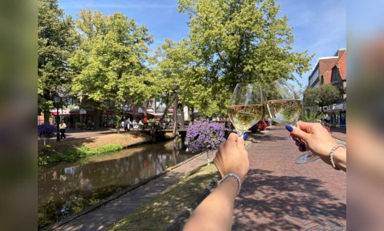 Zwei Hände stoßen mit Weingläsern am Hauptkanal in Papenburg an