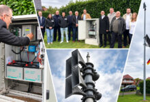 Collage: Projektbeteiligte vor einem Sirenenschaltschrank in Esterwegen, Schaltschrank mit Notstrom-Akkus, Schallhörner einer Mastsirene und der Sirenenmast mit Solarmodul