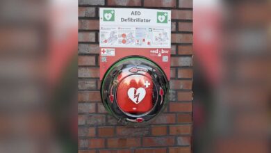 Öffentlich zugänglicher Defibrillator (AED) in einem Wandkasten am Rathaus Esterwegen