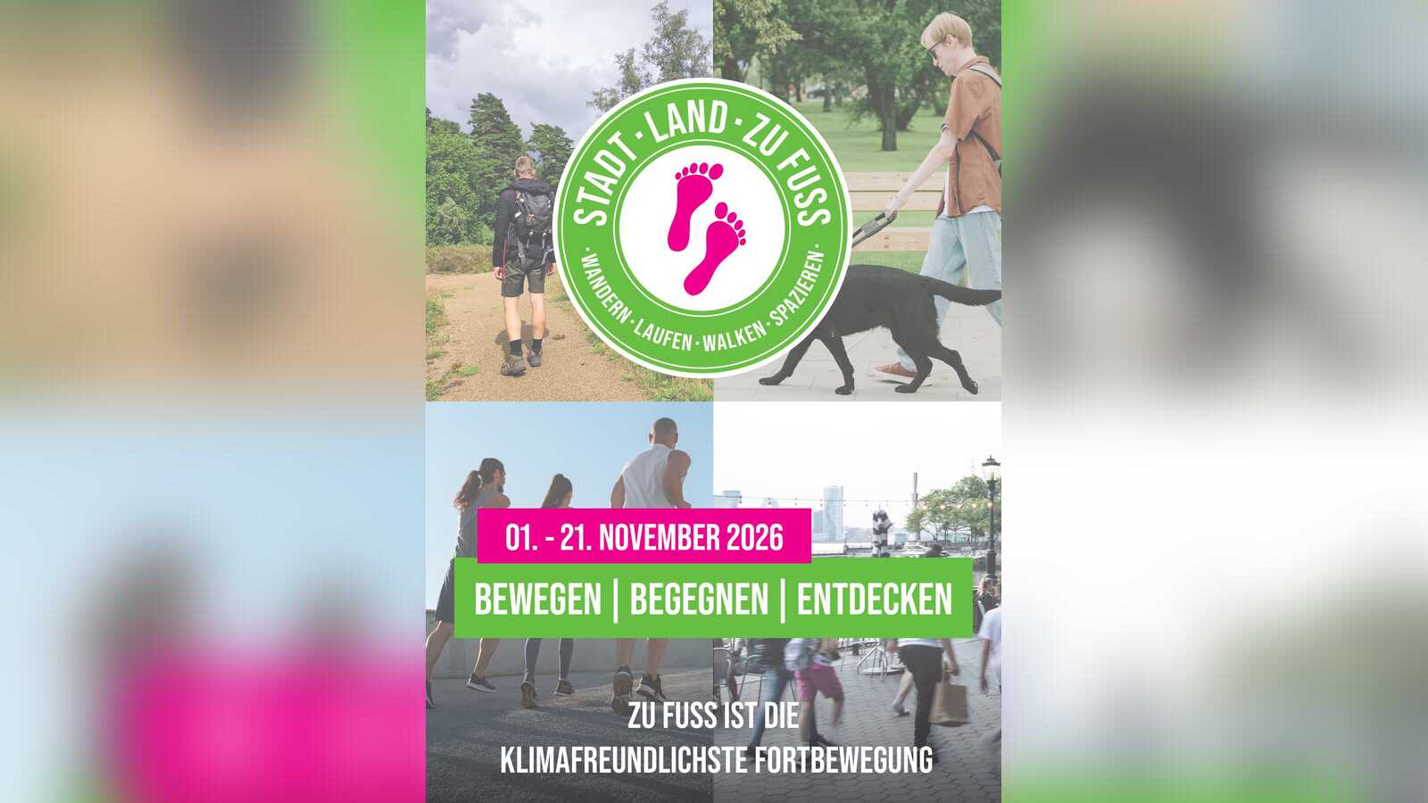 Flyer der Aktion Stadt, Land, zu Fuß vom 1. bis 21. November 2026