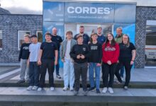 Gruppe aus Jugendlichen und Mitarbeitenden vor dem Firmengebäude von Cordes in Steinbild