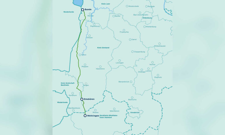 Karte mit dem Verlauf der Wasserstoffleitung Nordsee-Ruhr-Link III von Bunde über Emsbüren nach Wettringen