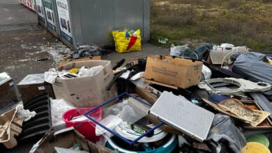 Kartons, Haushaltsgeräte, Plastiksäcke und Glasscherben liegen neben den Altglascontainern auf dem Asphalt