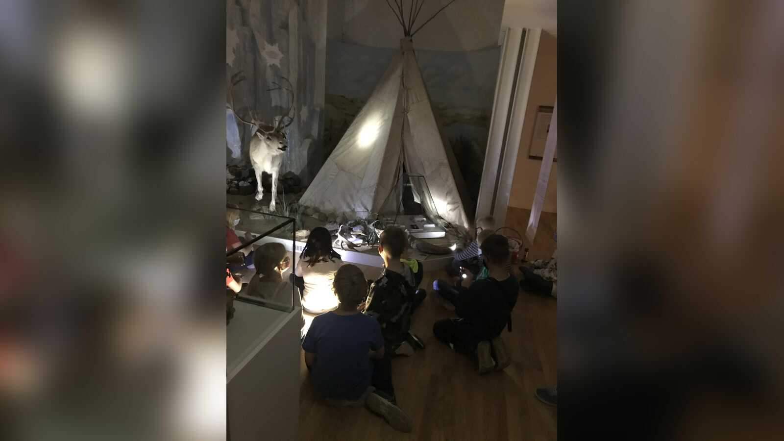 Kinder sitzen im dunklen Museum vor einem Zelt und einem Rentier und leuchten mit Taschenlampen