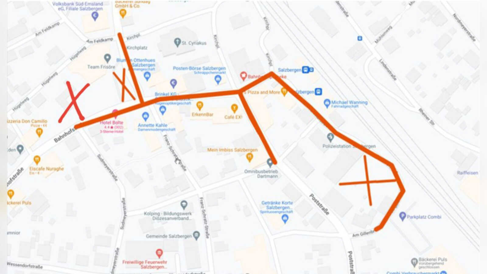 Lageplan der gesperrten Straßen und Parkplätze rund um die Salzbergener Herbstkirmes