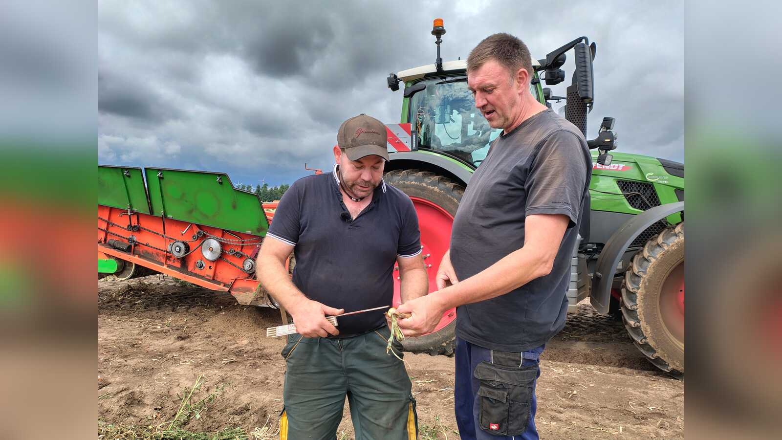 Schwadleger-Fahrer Bernd Völker und Landwirt Herman Josef Landwehr bei der Zwiebelernte